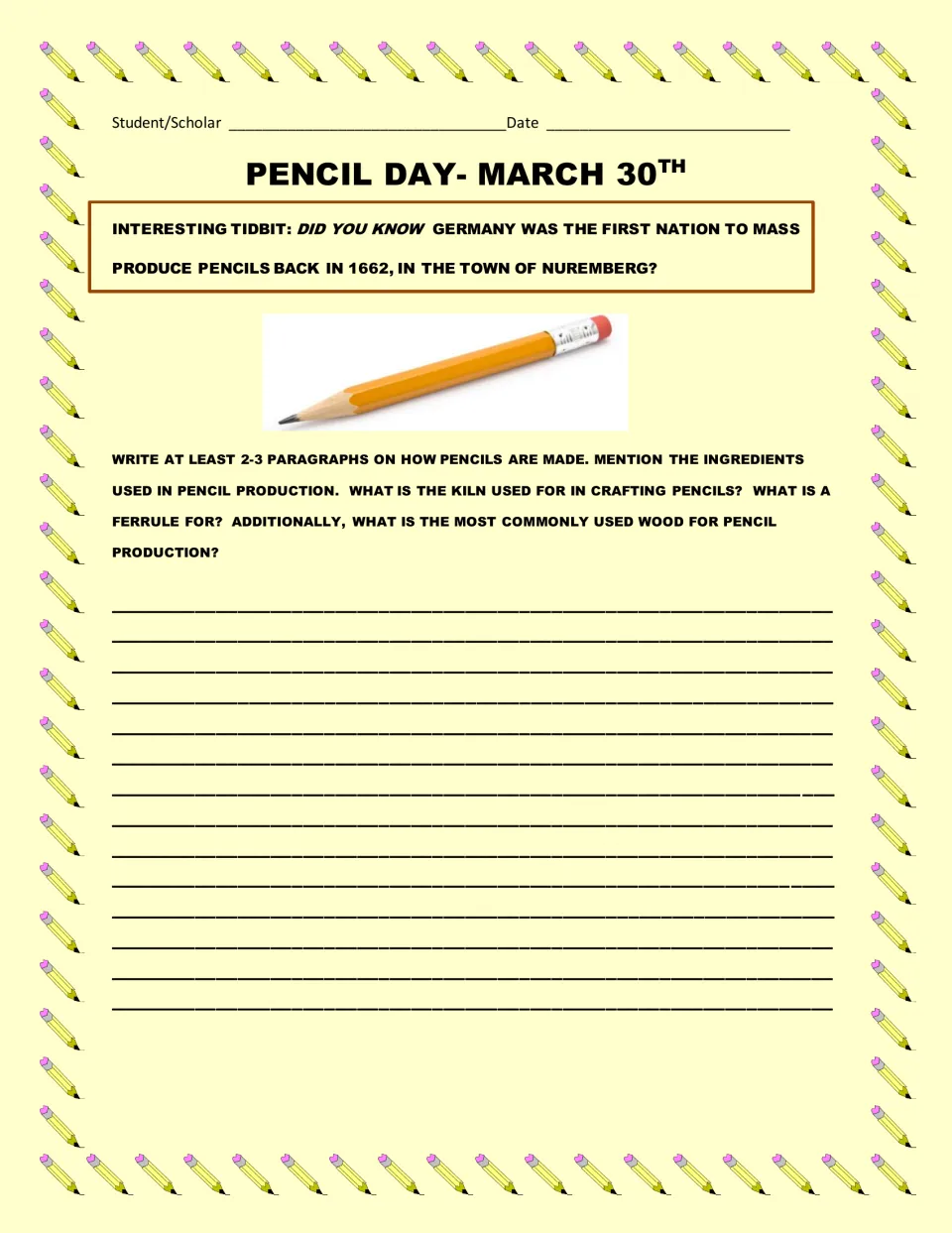 Pencil Day prompt: students write 2-3 paragraphs on how pencils are made, covering ingredients, the kiln and ferrule