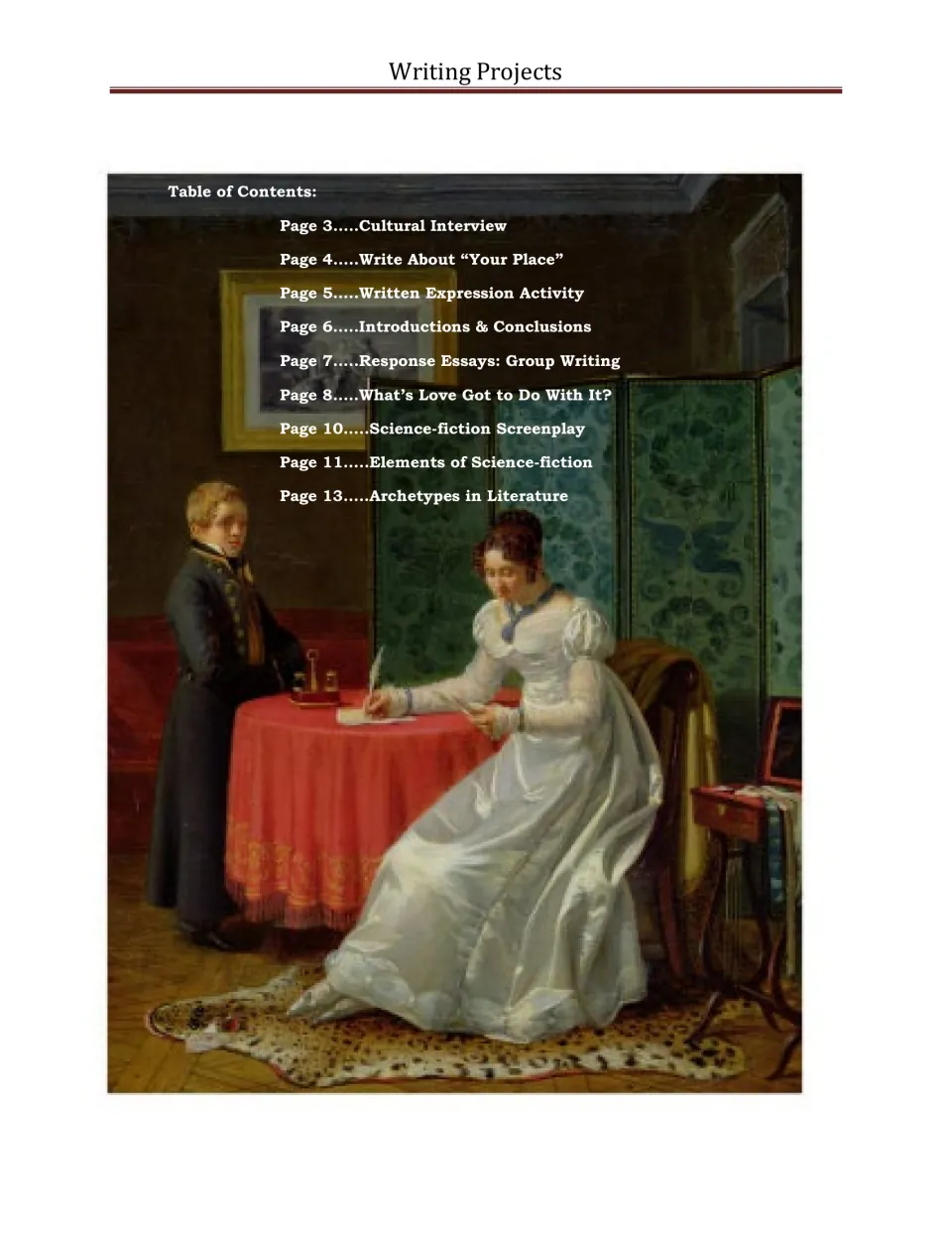 Writing packet cover and contents listing cultural interviews, essay activities, and science fiction writing
