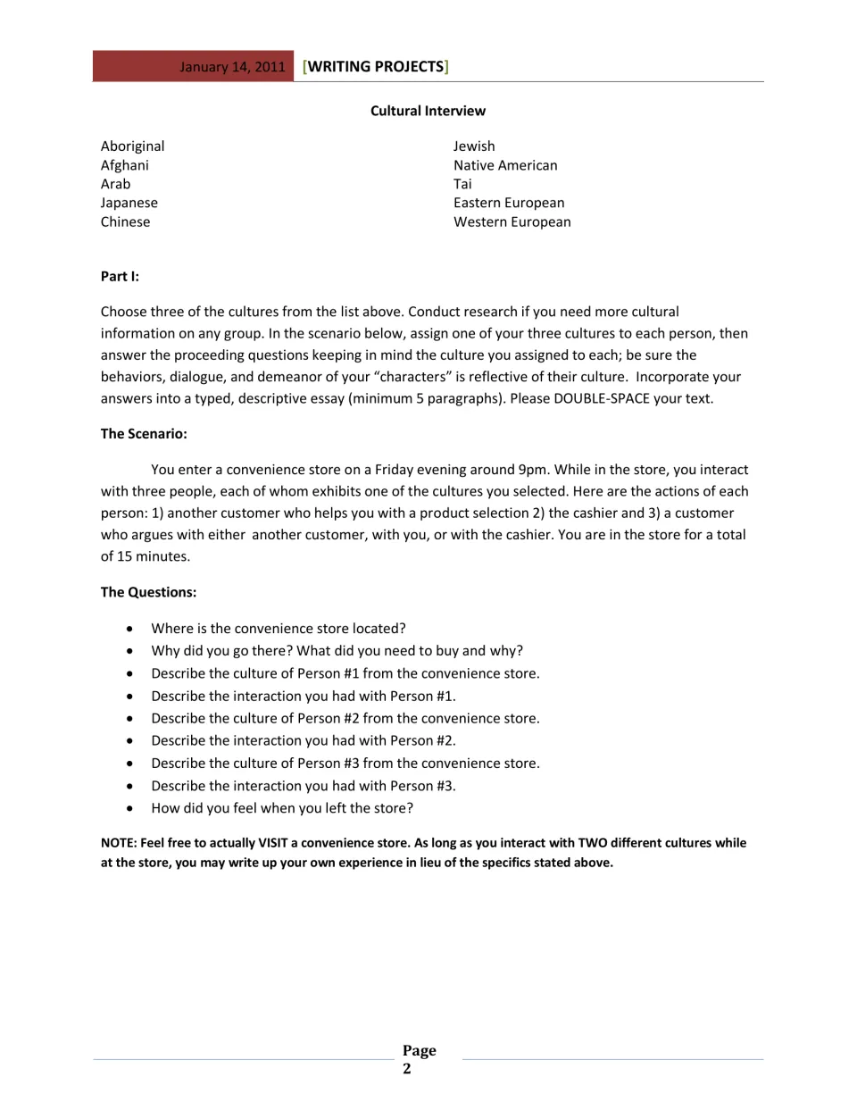 Cultural Interview assignment: choose three cultures and write a descriptive essay about a store visit