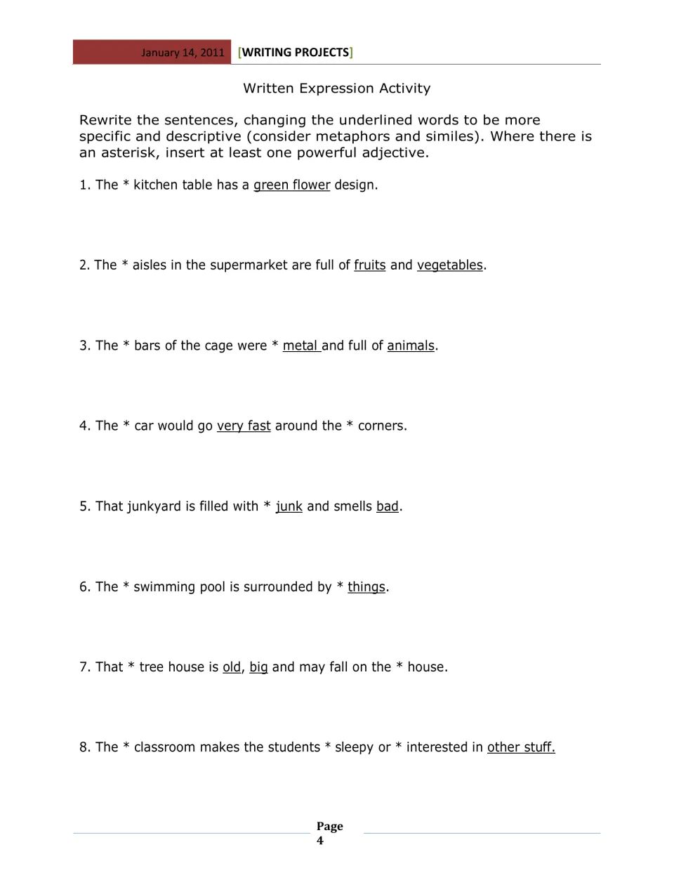 Written Expression Activity: revise eight sentences using specific descriptions and powerful adjectives