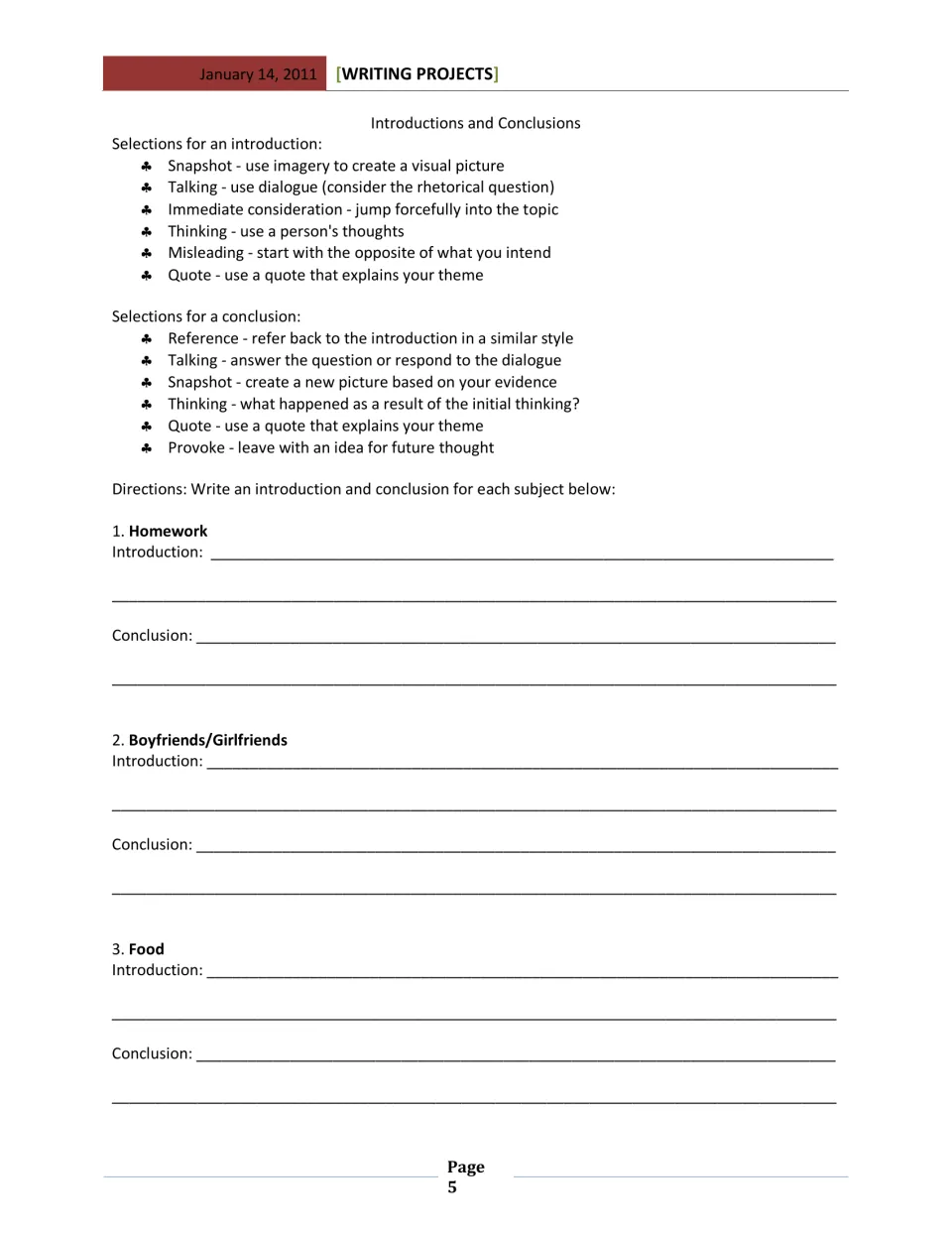 Introductions and Conclusions practice: write openings and endings about homework, dating, and food