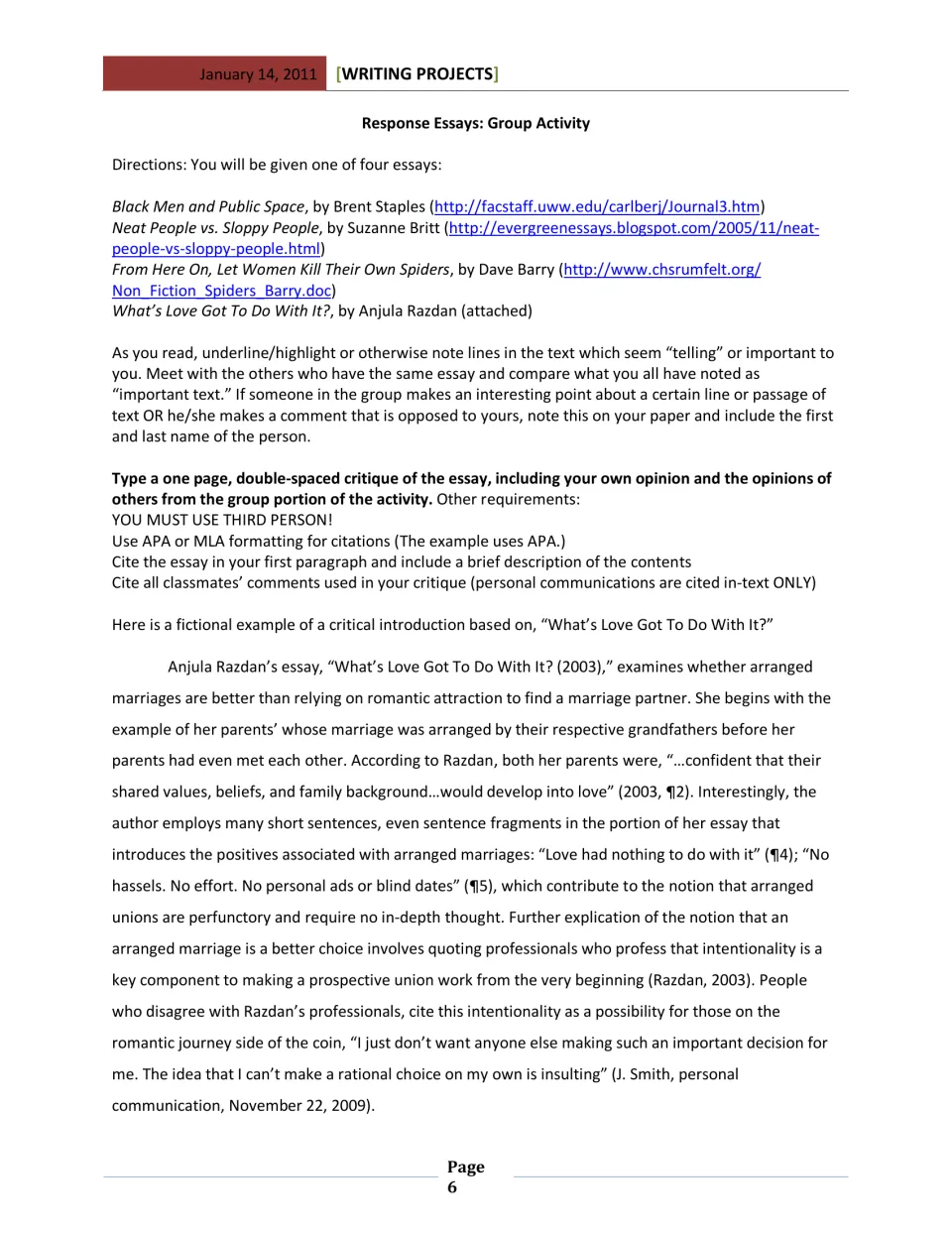 Response Essays group assignment: compare reading notes and write a one-page critique with APA or MLA citations