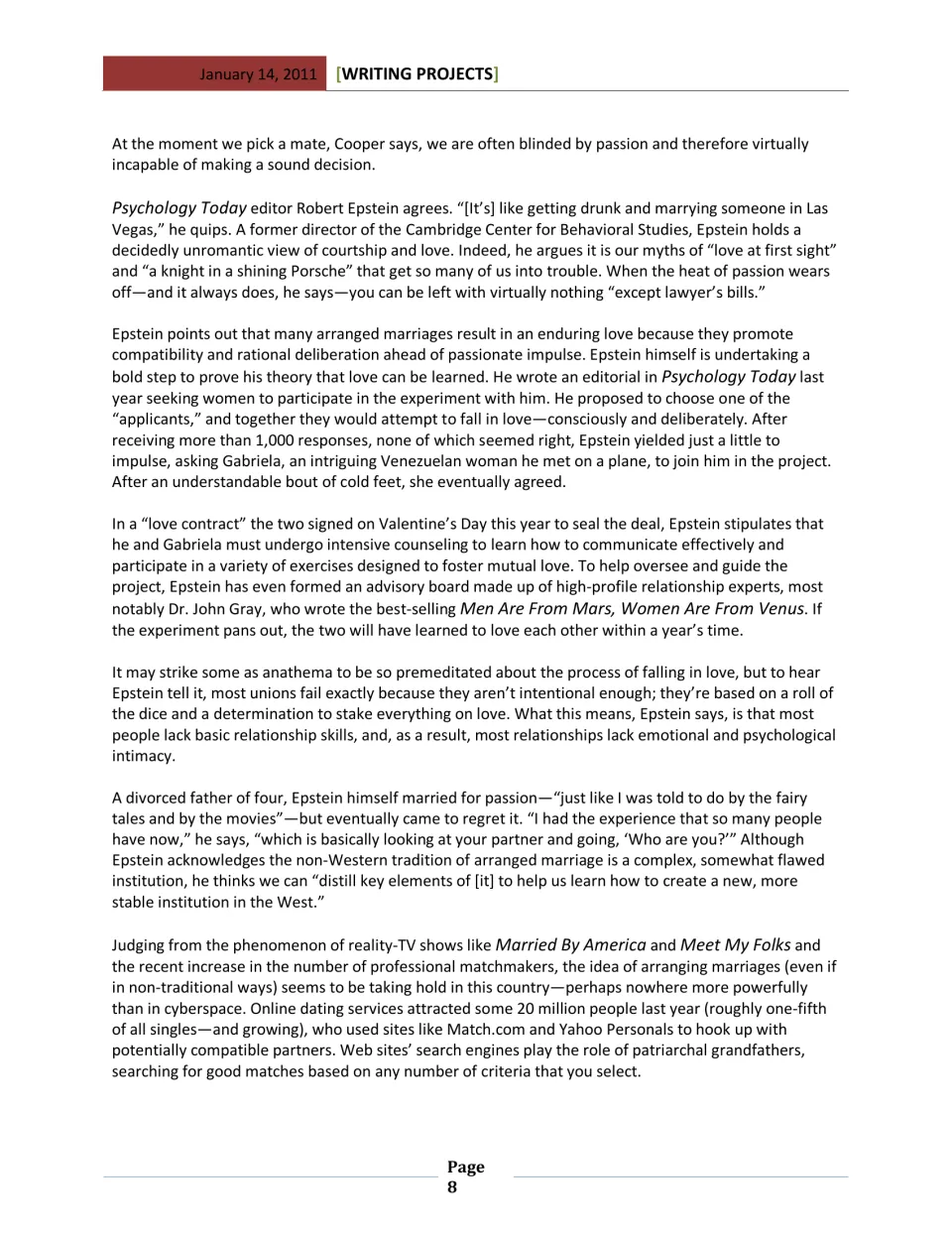 Response essay reading, part 2: compatibility, deliberate efforts to build love, and online matchmaking