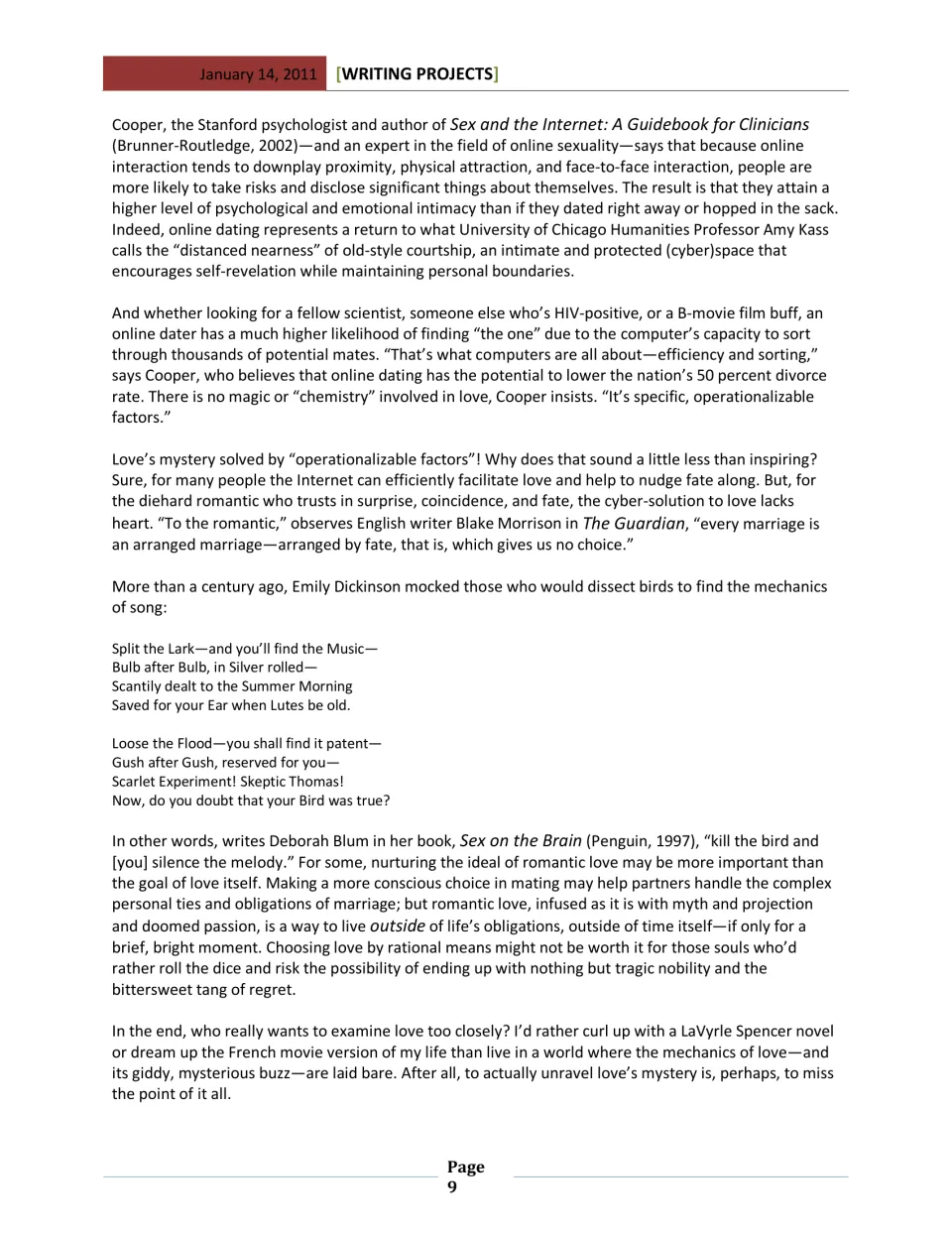 Response essay reading, part 3: online dating, an Emily Dickinson poem, and reflections on romantic love