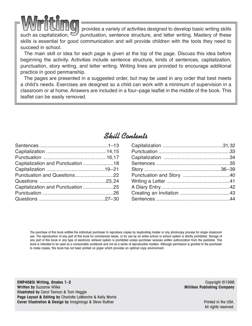 Introduction and skill contents listing sentences, capitalization, punctuation, questions, story, letter and diary pages
