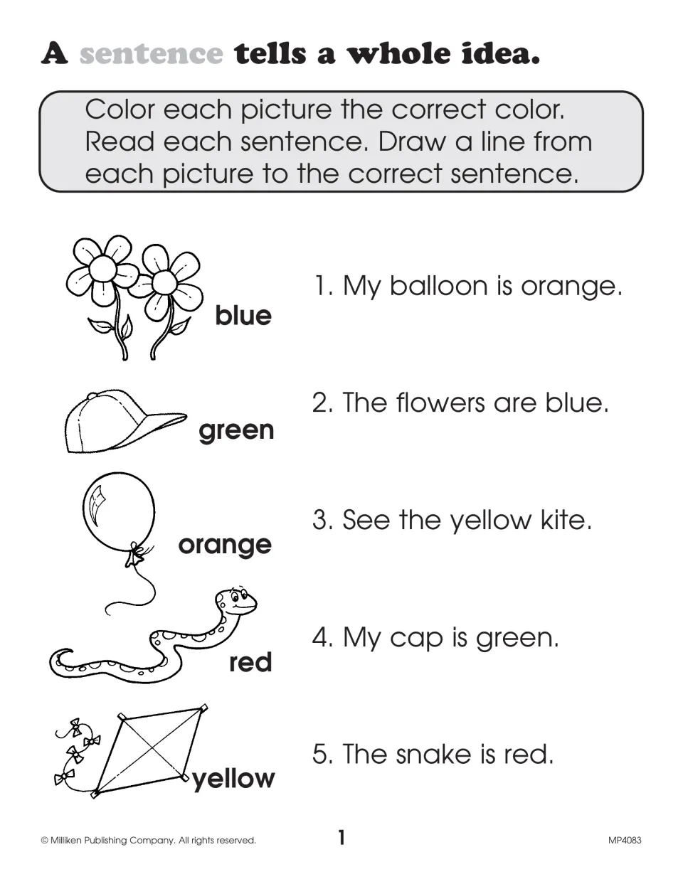 A sentence tells a whole idea: students color 5 pictures as labeled and match each to a sentence such as 'My cap is green.'