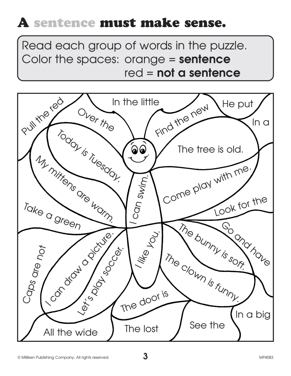 A sentence must make sense: students color butterfly puzzle spaces orange for sentences and red for fragments like 'He put'