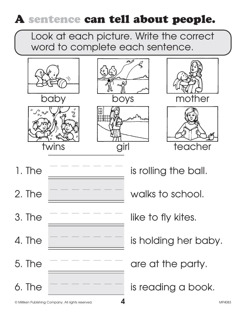 Sentences about people: students use picture words baby, boys, mother, twins, girl and teacher to complete 6 sentences