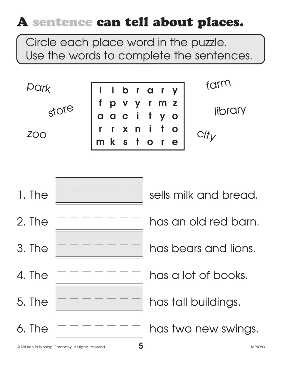 Sentences about places: students circle park, store, zoo, farm, library and city in a word search, then complete 6 sentences