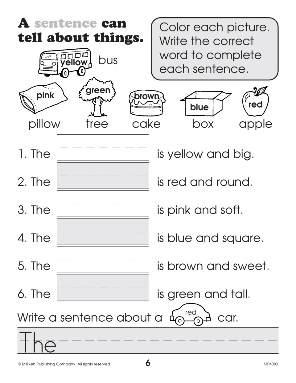 Sentences about things: students color a bus, pillow, tree, cake, box and apple, fill 6 blanks and write about a red car