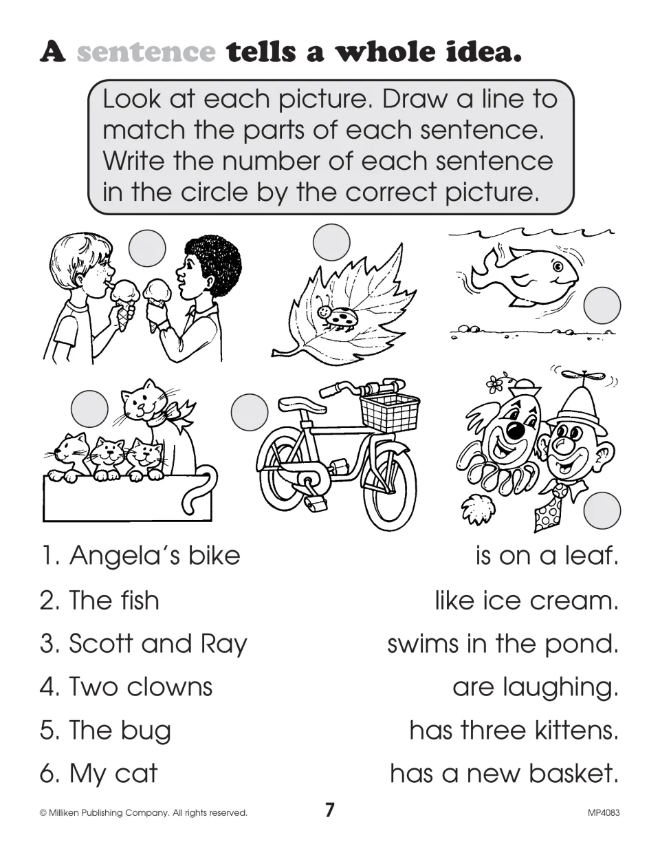 Matching sentence parts: students join subjects like 'The fish' to endings like 'swims in the pond' and number each picture