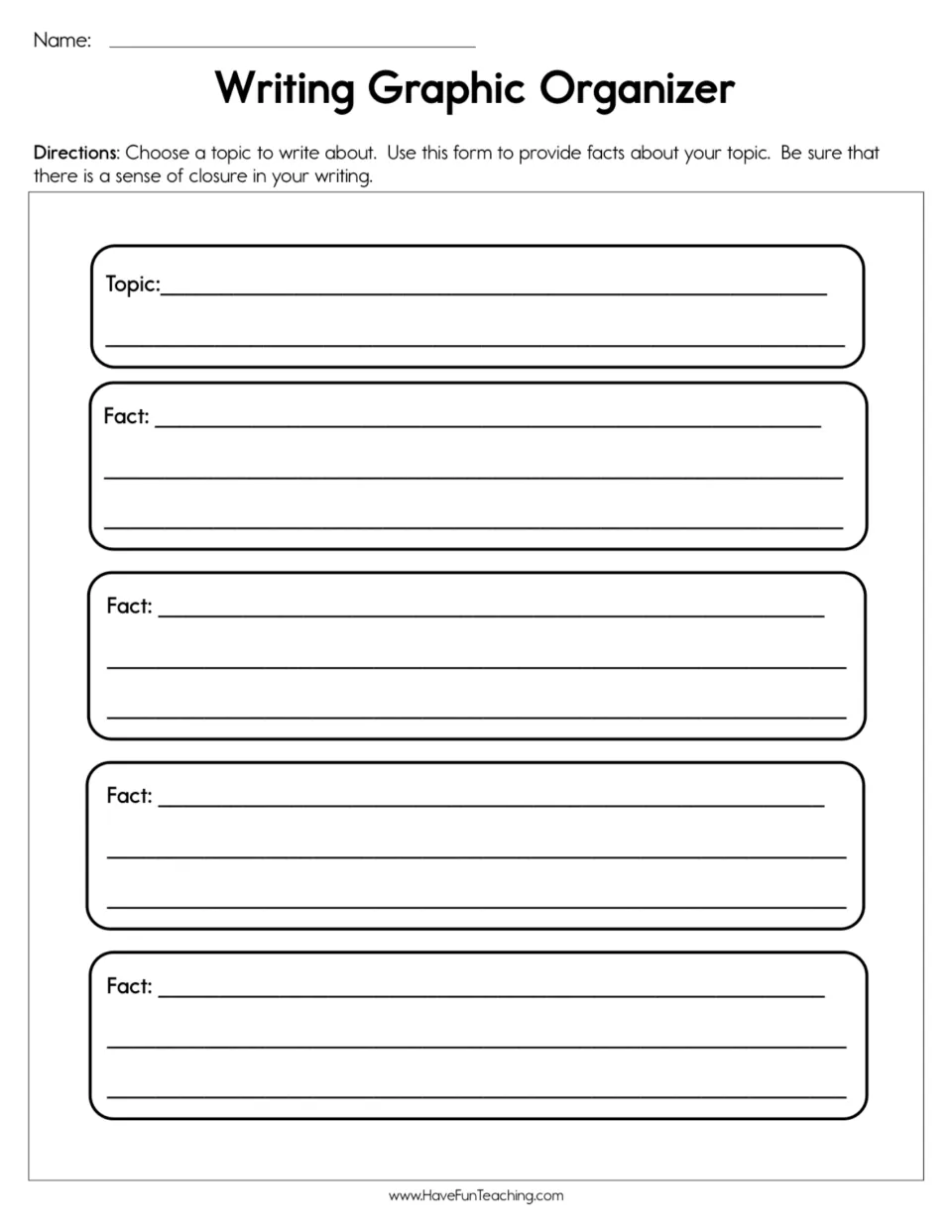 Topic and facts planner: students choose a writing topic, record four facts about it and aim for a sense of closure