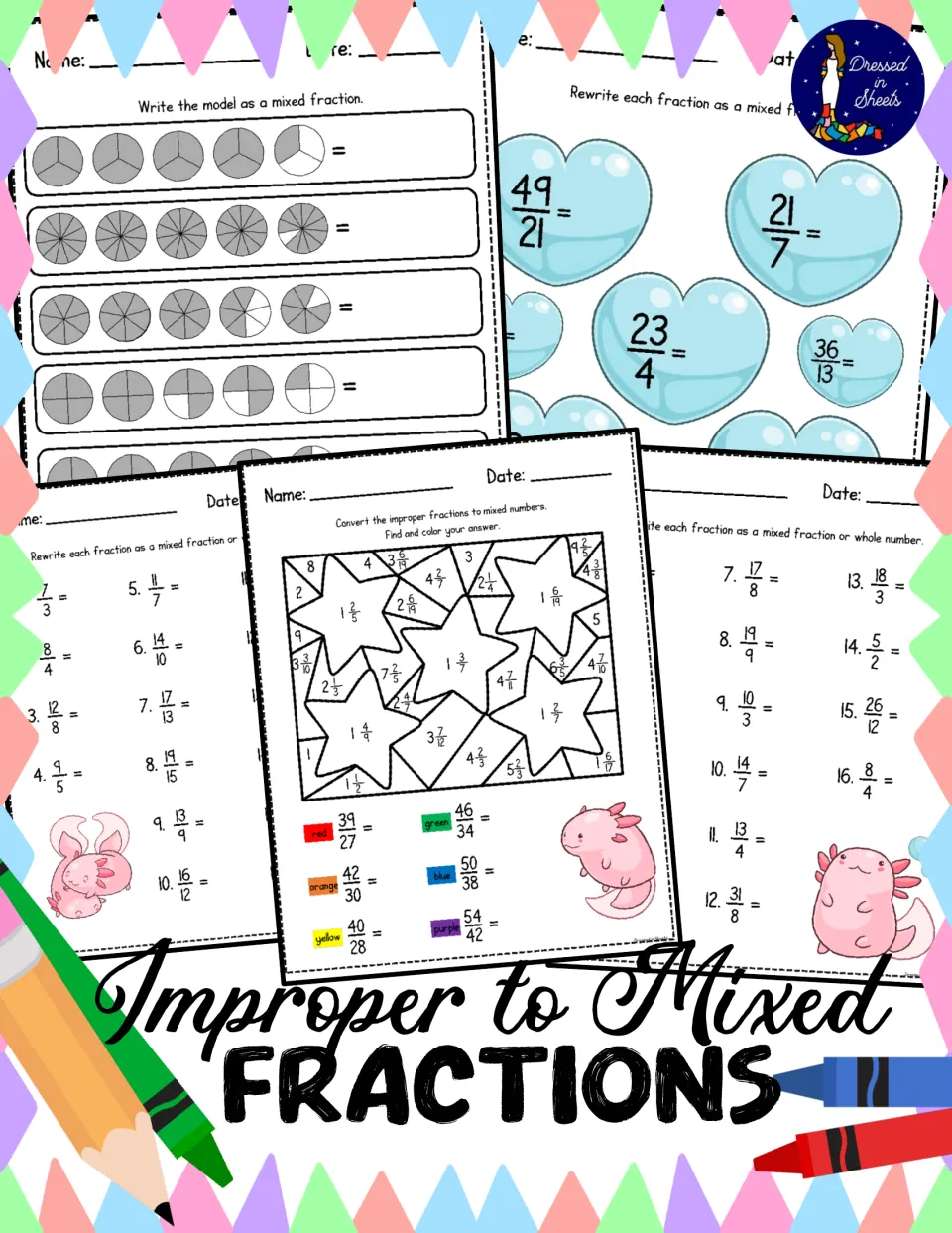 Improper to Mixed Fractions cover showing fraction circle models, heart problems, color-by-answer and numbered practice