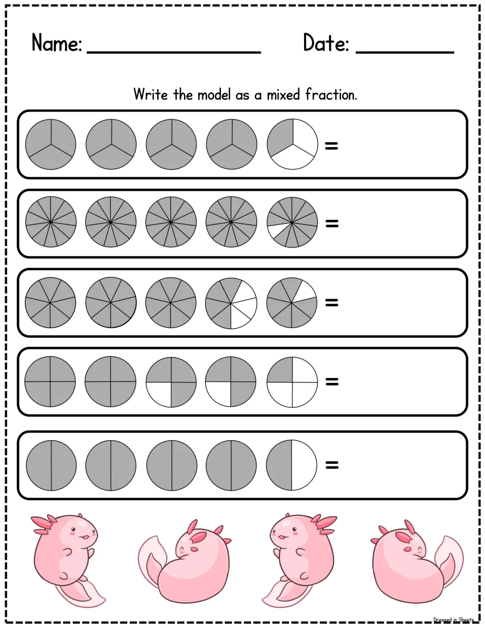 Fraction circle models: students write five models in thirds, twelfths, eighths, fourths and halves as mixed fractions