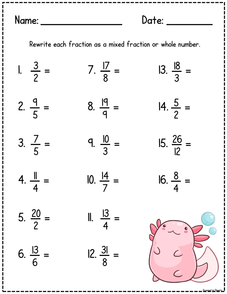 Improper fraction conversion: students rewrite 16 fractions like 3/2, 17/8 and 8/4 as mixed fractions or whole numbers
