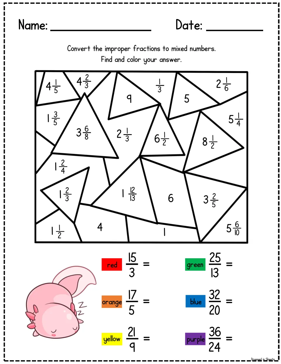 Color by answer with triangles: students convert six fractions like 15/3 and 36/24 to mixed numbers, then color the match