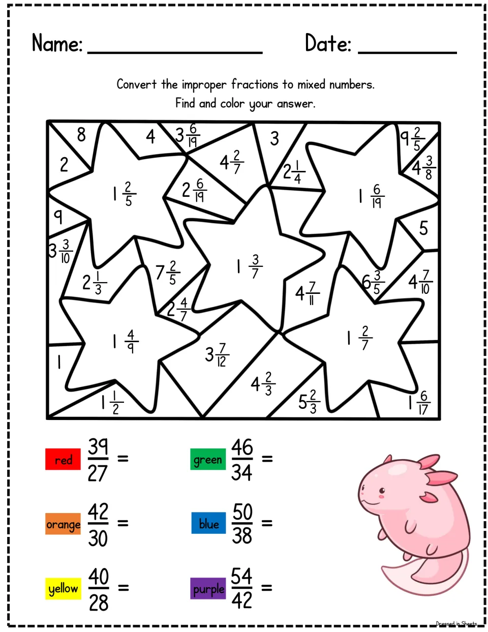 Star color by answer: students convert 39/27, 42/30, 54/42 and three more to mixed numbers and color matching spaces
