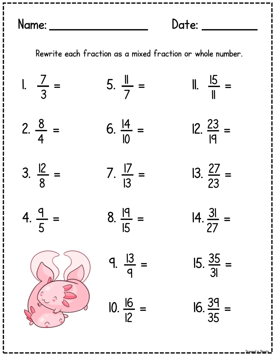 Converting improper fractions: students rewrite 16 items from 7/3 to 39/35 as mixed fractions or whole numbers
