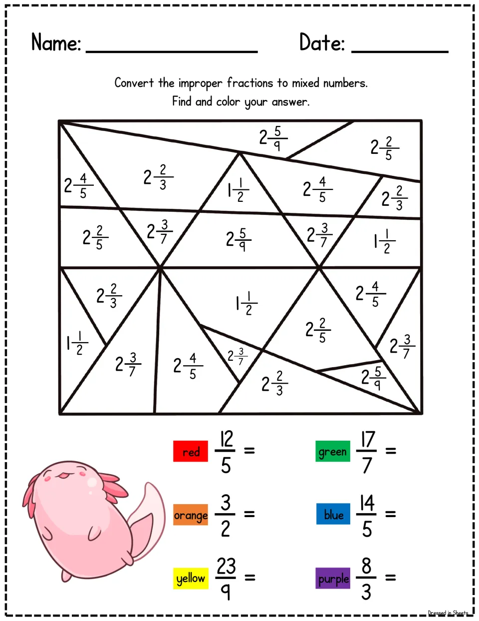 Mosaic color by answer: students convert 12/5, 17/7, 3/2, 14/5, 23/9 and 8/3 to mixed numbers and color matching spaces