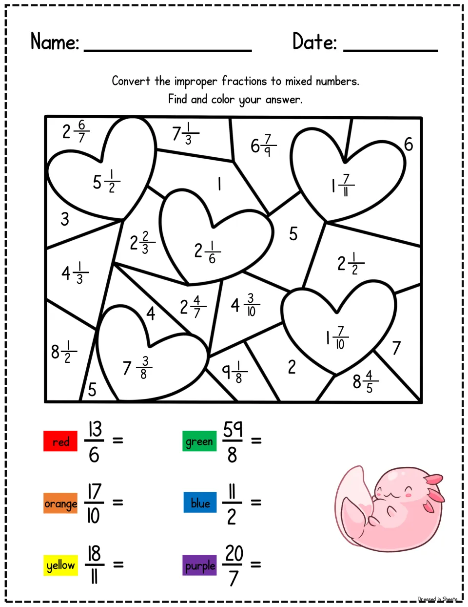 Heart color by answer: students change 13/6, 59/8, 17/10, 11/2, 18/11 and 20/7 into mixed numbers and color the matches