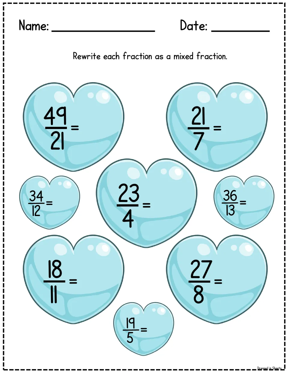 Bubble hearts conversion: students rewrite eight improper fractions such as 49/21, 23/4 and 19/5 as mixed fractions