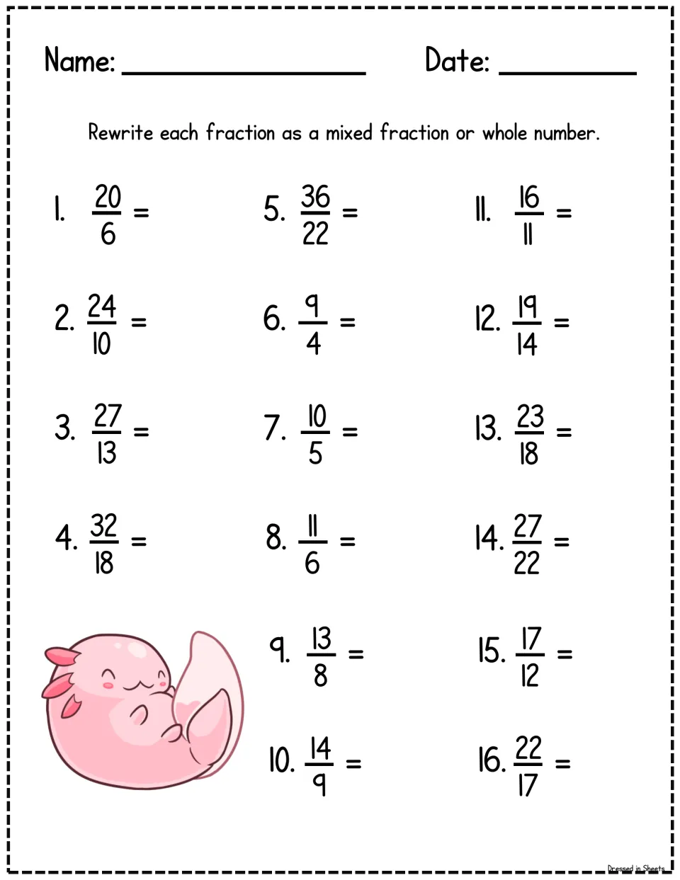 Mixed number practice: students rewrite 16 improper fractions from 20/6 to 22/17 as mixed fractions or whole numbers