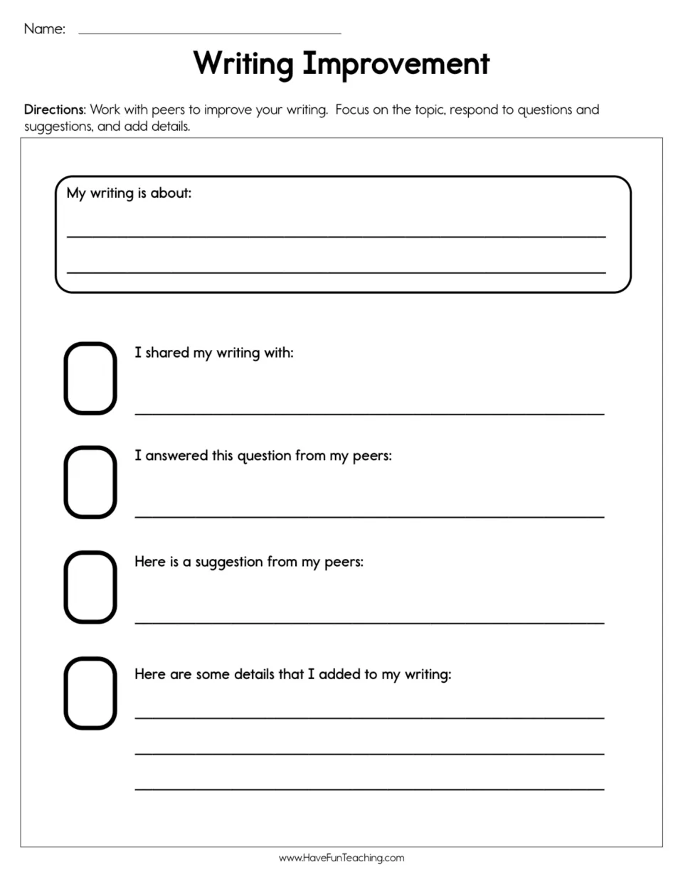 Writing revision worksheet: record the topic, peer feedback, a question answered, and details added.