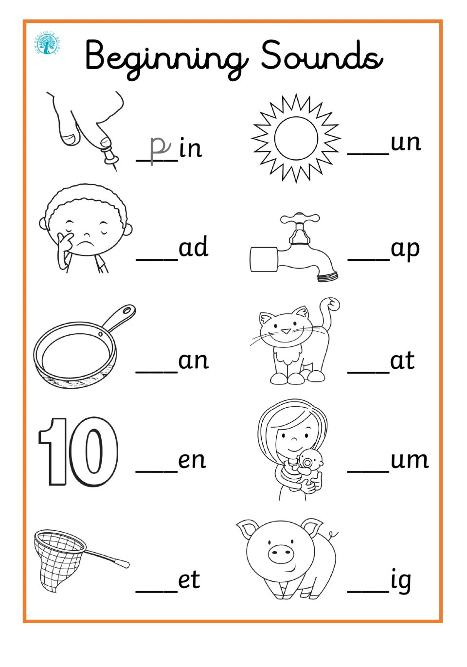 Beginning sounds: students write the missing first letter for 10 pictured CVC words such as pin, sun, pan, cat and pig