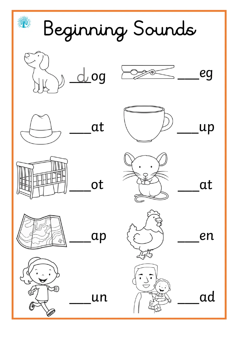 Initial sounds practice: children fill in the opening letter of dog, peg, hat, cup, cot, map, hen, run and dad