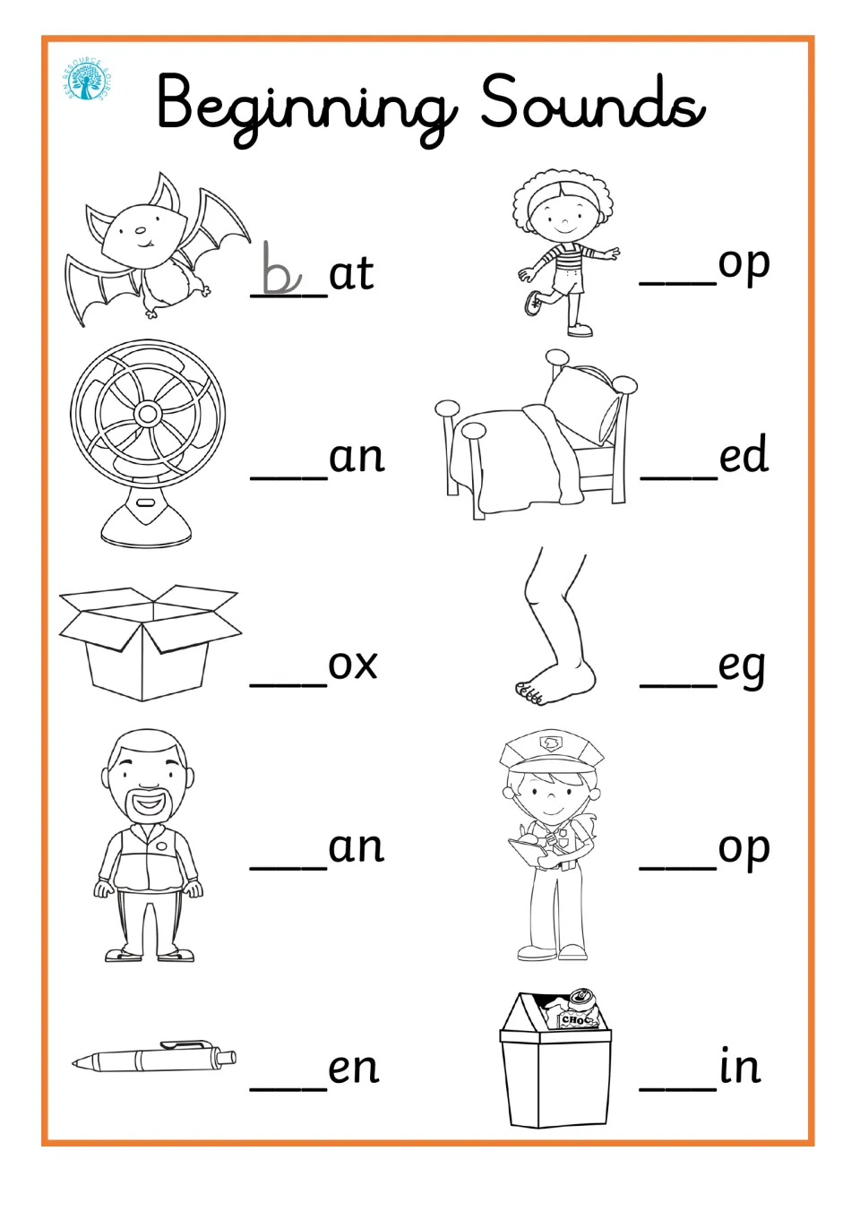 First-letter sounds: students complete bat, fan, box, man, pen, bed, leg and bin by writing each picture's initial letter