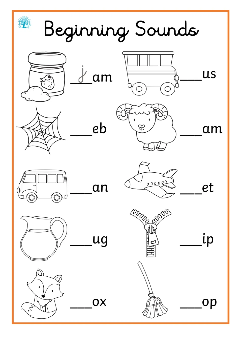 Beginning sounds with j, z and more: students add the first letter to jam, bus, web, van, jet, zip, fox and mop