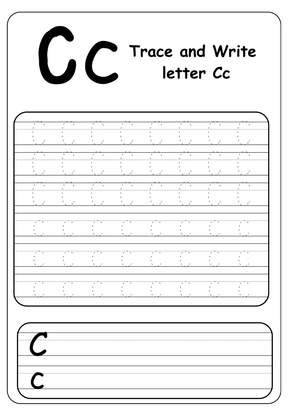 Trace and Write letter Cc: students trace three rows of dotted uppercase C and three of lowercase c, then write both