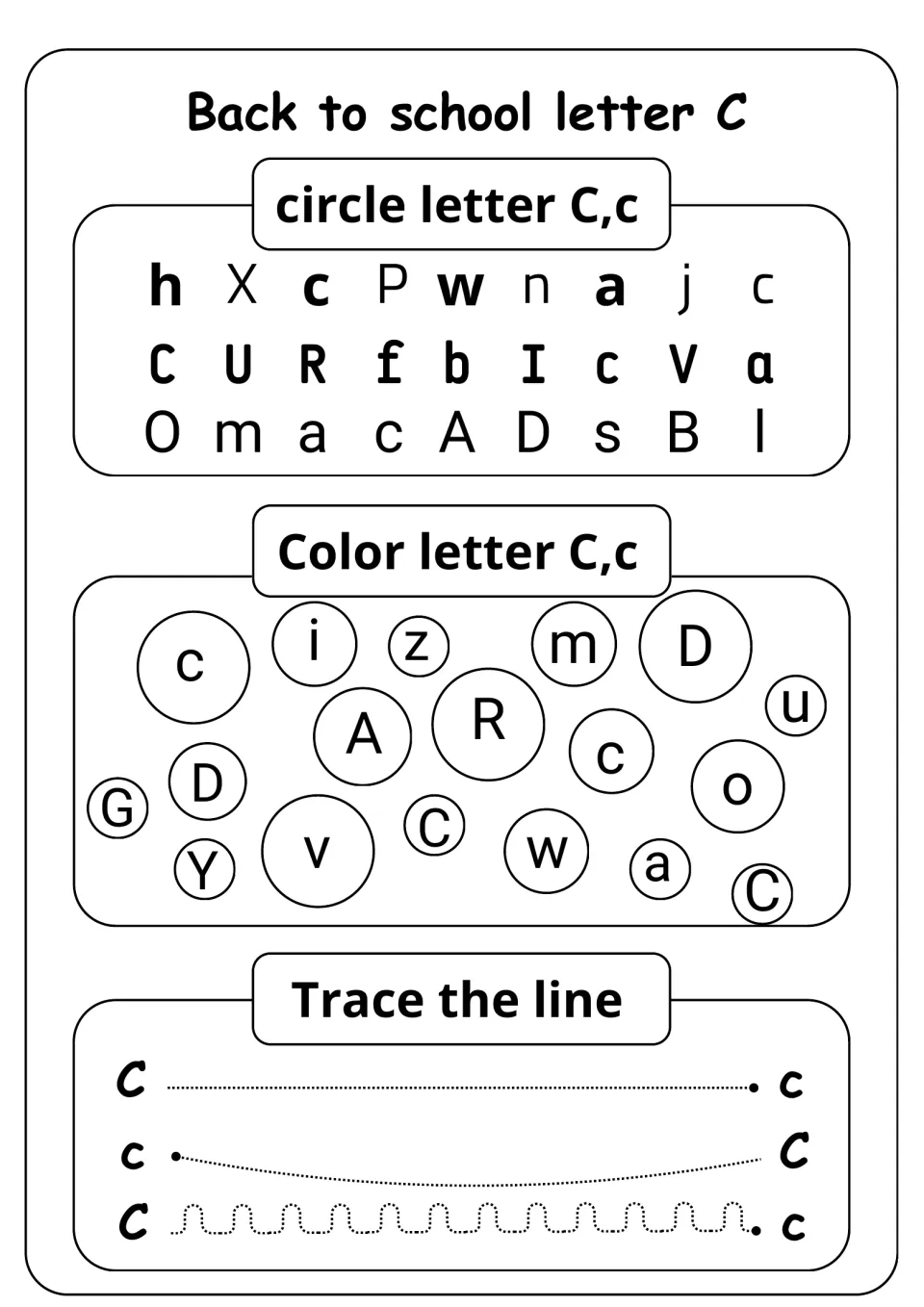 Letter C recognition: students circle C and c in letter rows, color C and c bubbles, and trace lines from C to c
