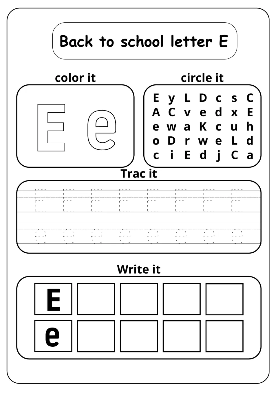 Back to school letter E: students color E and e, circle every E and e in a letter grid, then trace and write each