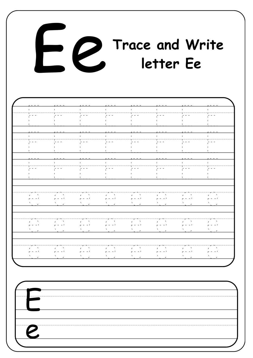Trace and write letter Ee: students trace rows of dotted capital E and lowercase e, then write each on their own