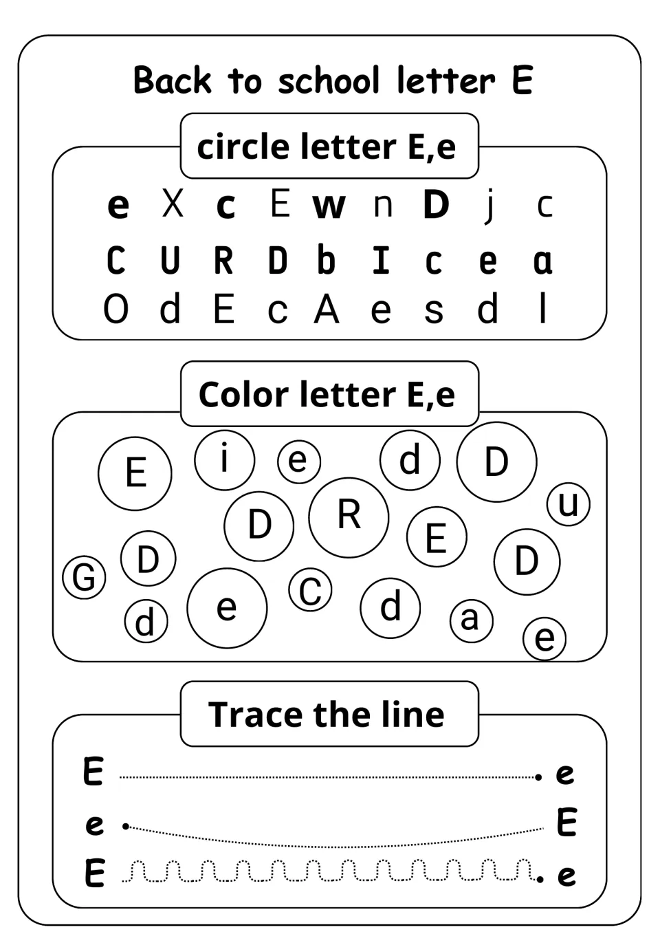 Letter E practice: students circle E and e among mixed letters, color E and e bubbles, and trace lines joining E and e