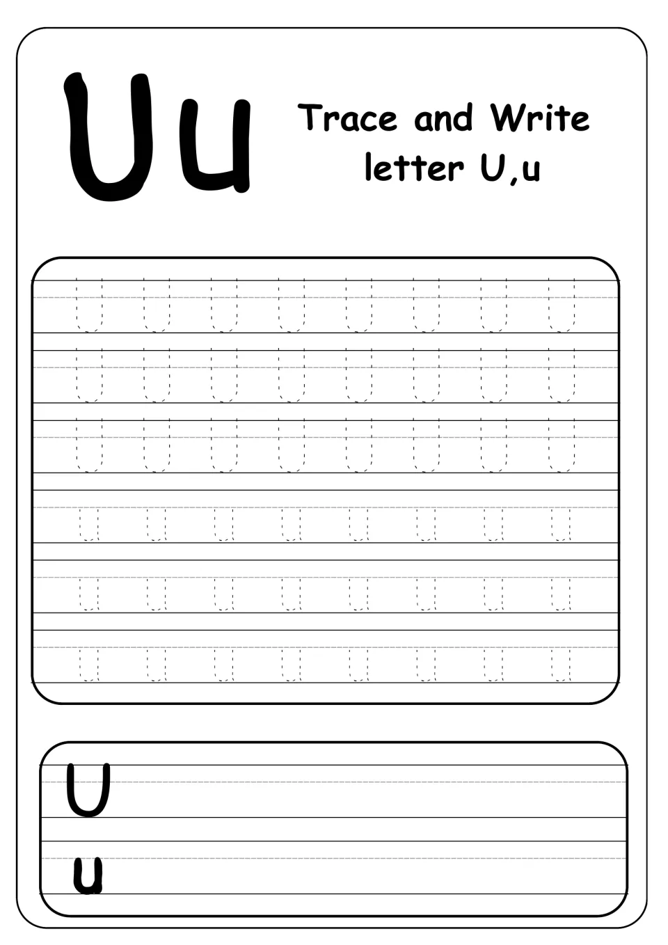 Letter U handwriting sheet: trace three rows of uppercase U and three rows of lowercase u, then write both.