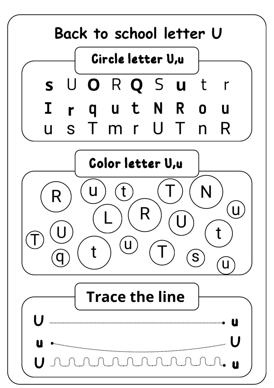 Letter U recognition sheet: circle and color uppercase U and lowercase u, then trace three paths between them.