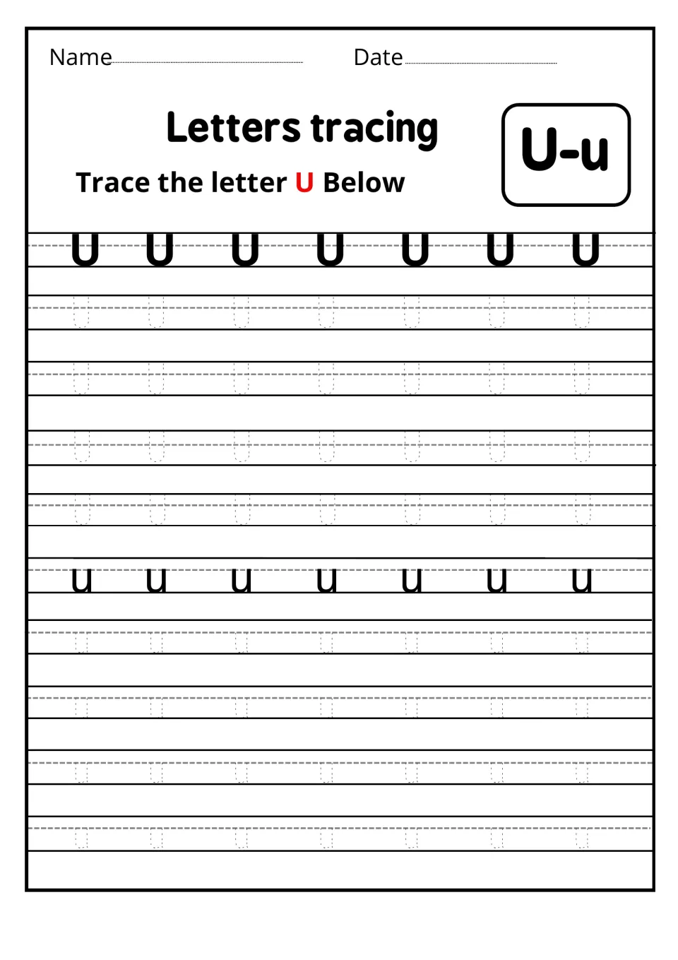Letters tracing U-u: students trace rows of dotted capital U and lowercase u, starting from a solid model letter