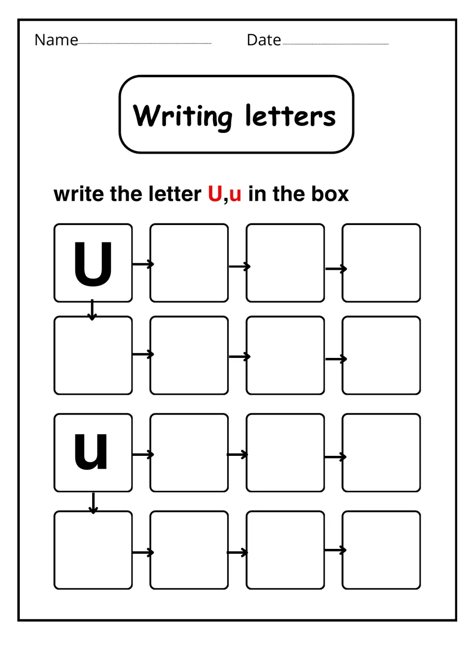 Writing letters: students copy capital U and lowercase u seven times each, following arrows from the model letter