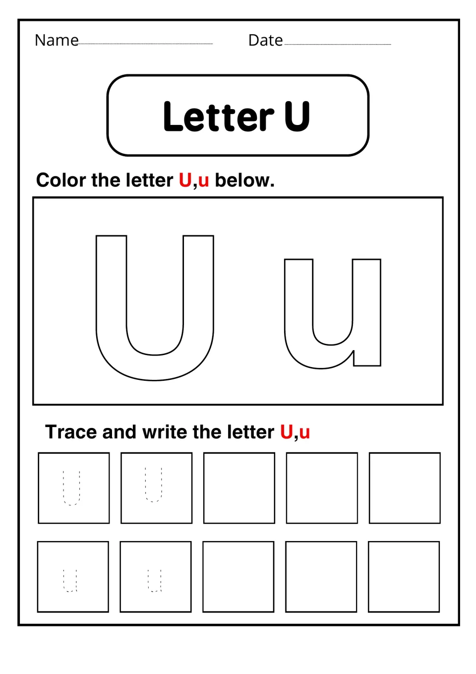 Letter U: students color large outlined U and u, then trace dotted letters and write U and u on their own
