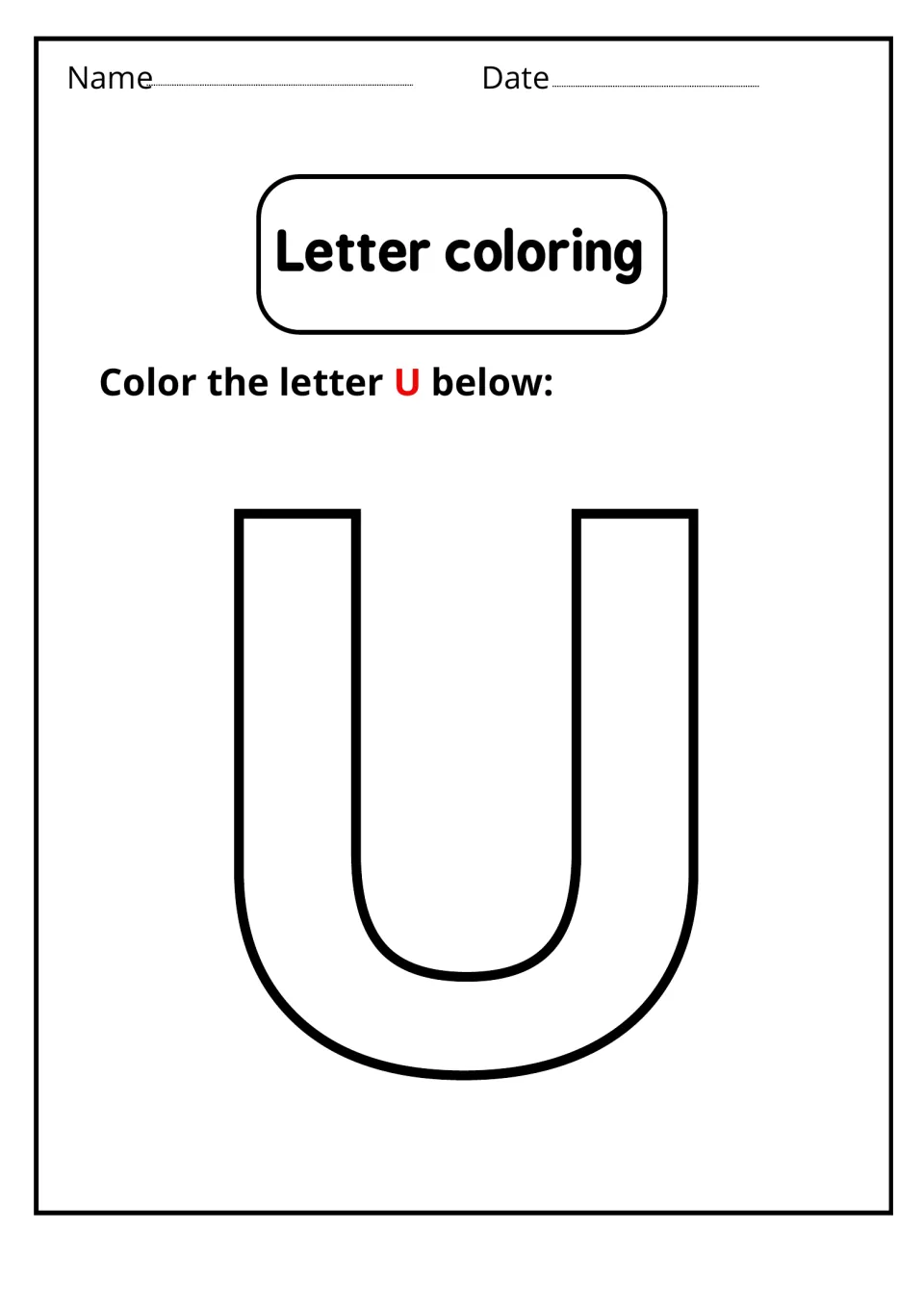 Letter coloring: students color one large outlined capital U, practicing recognition of the uppercase shape