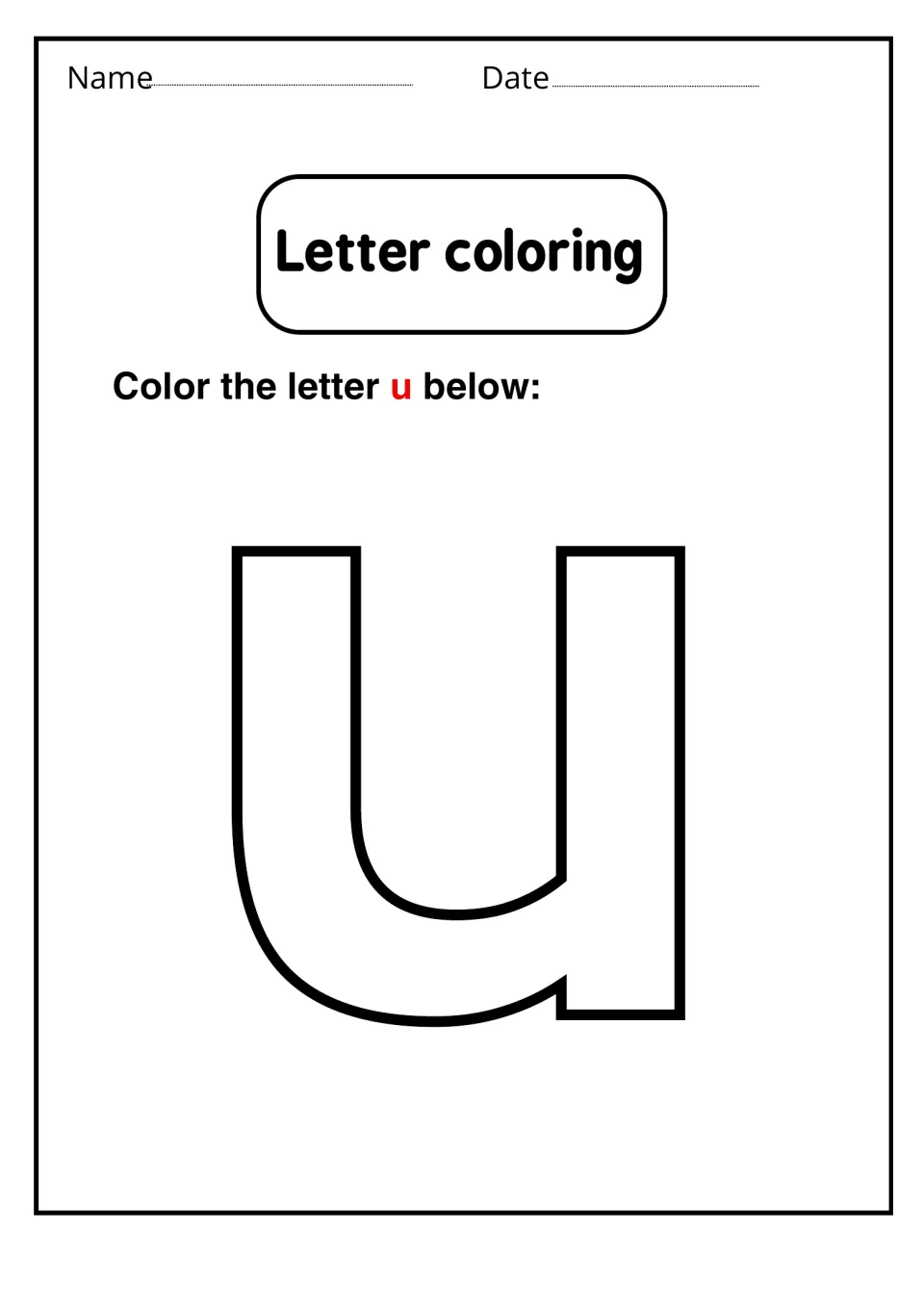 Letter coloring for lowercase: students color one large outlined u, focusing on the shape of the small letter