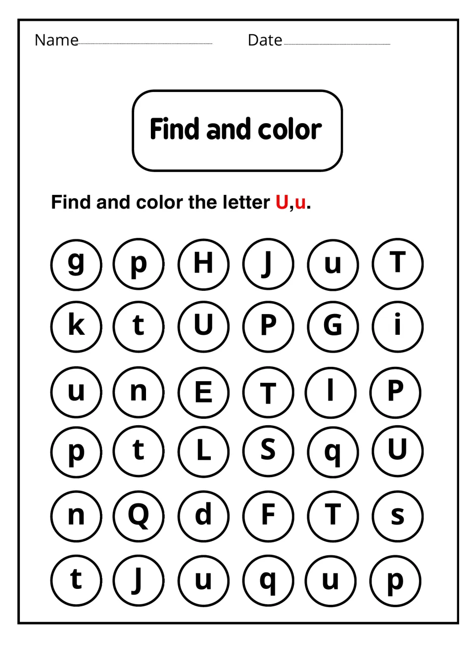 Find and color: students spot and color every U and u among 36 mixed letters, practicing letter recognition