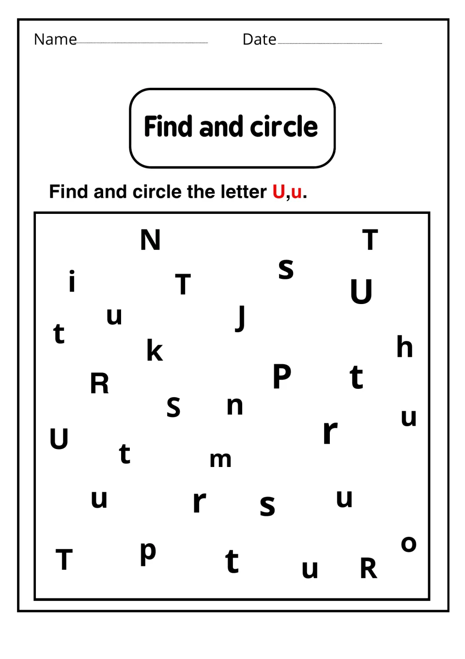 Find and circle: students search a scattered jumble of letters and circle each capital U and lowercase u