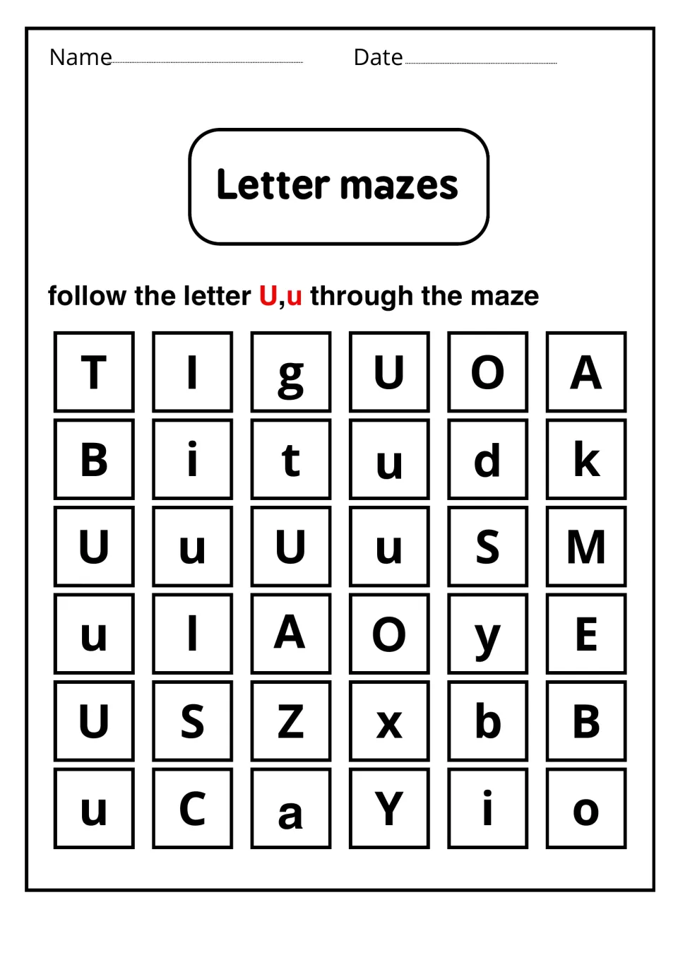 Letter mazes: students follow a path of only U and u through 36 mixed letters, from the top row to the bottom