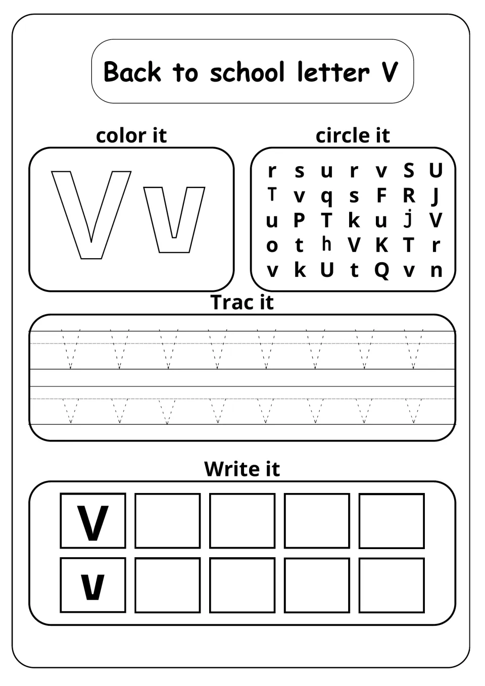 Back to school letter V: students color Vv, circle V and v among mixed letters, trace rows of V, then write V and v