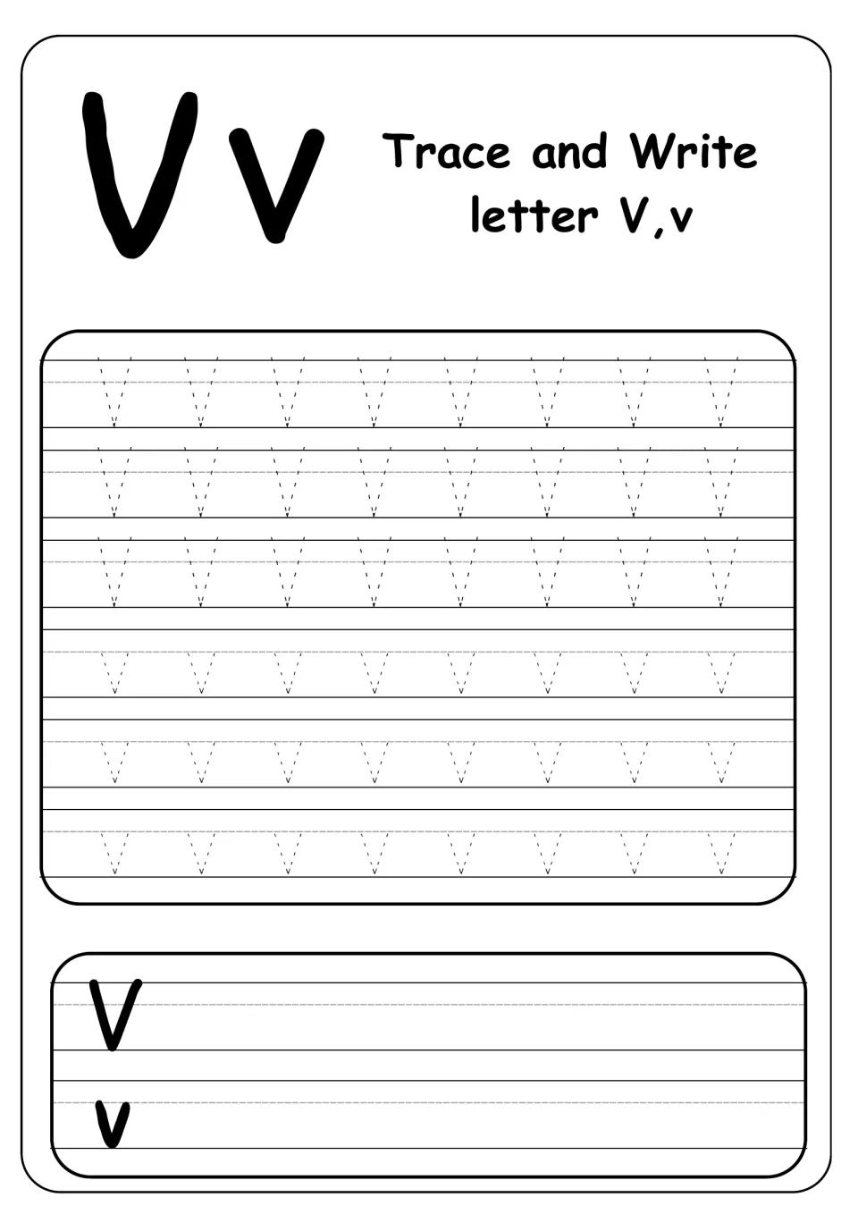 Trace and write letter V,v: students trace three rows of dotted uppercase V and three of lowercase v, then write each