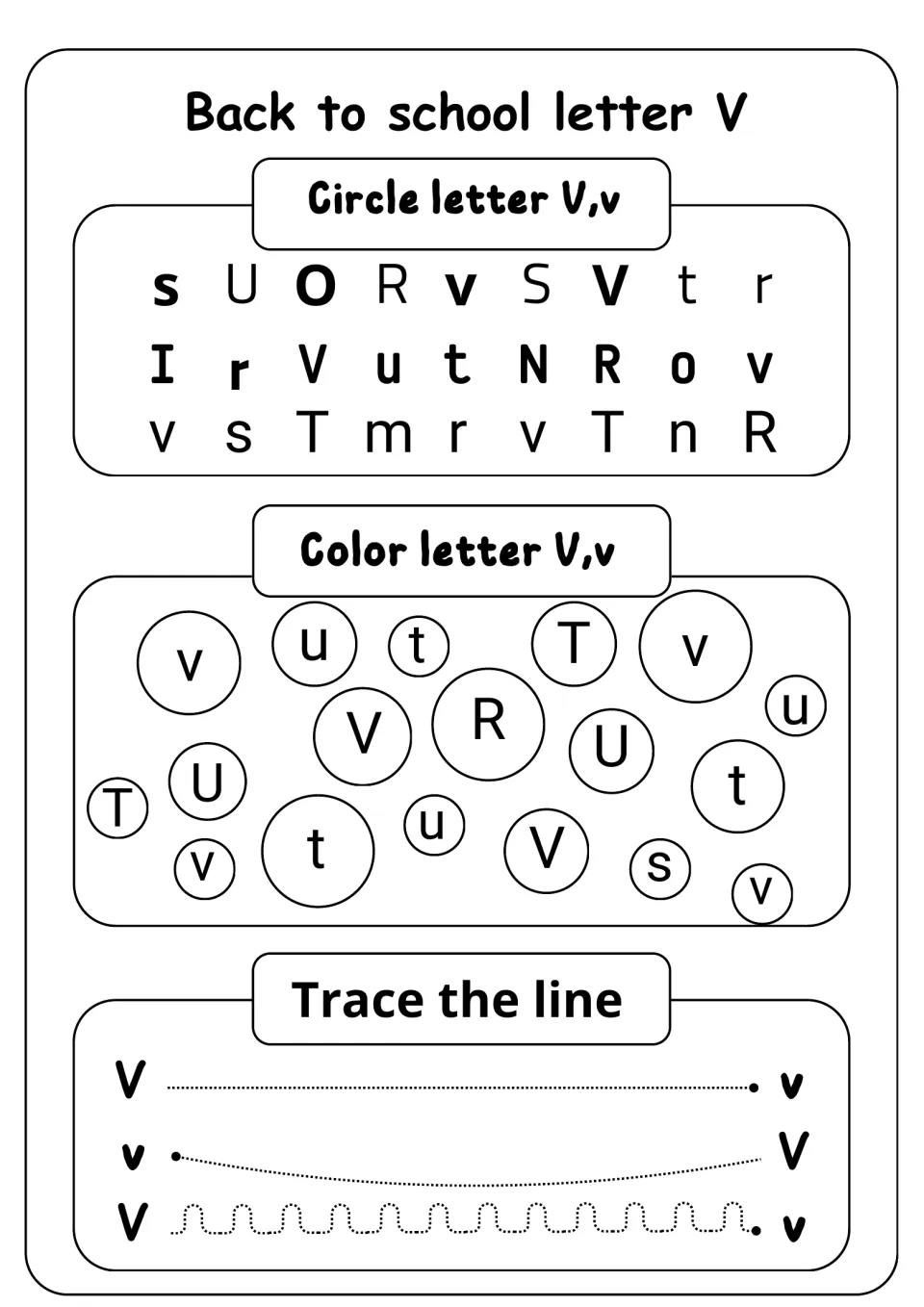 Letter V review: students circle V and v in rows of mixed letters, color the V and v bubbles, and trace lines from V to v