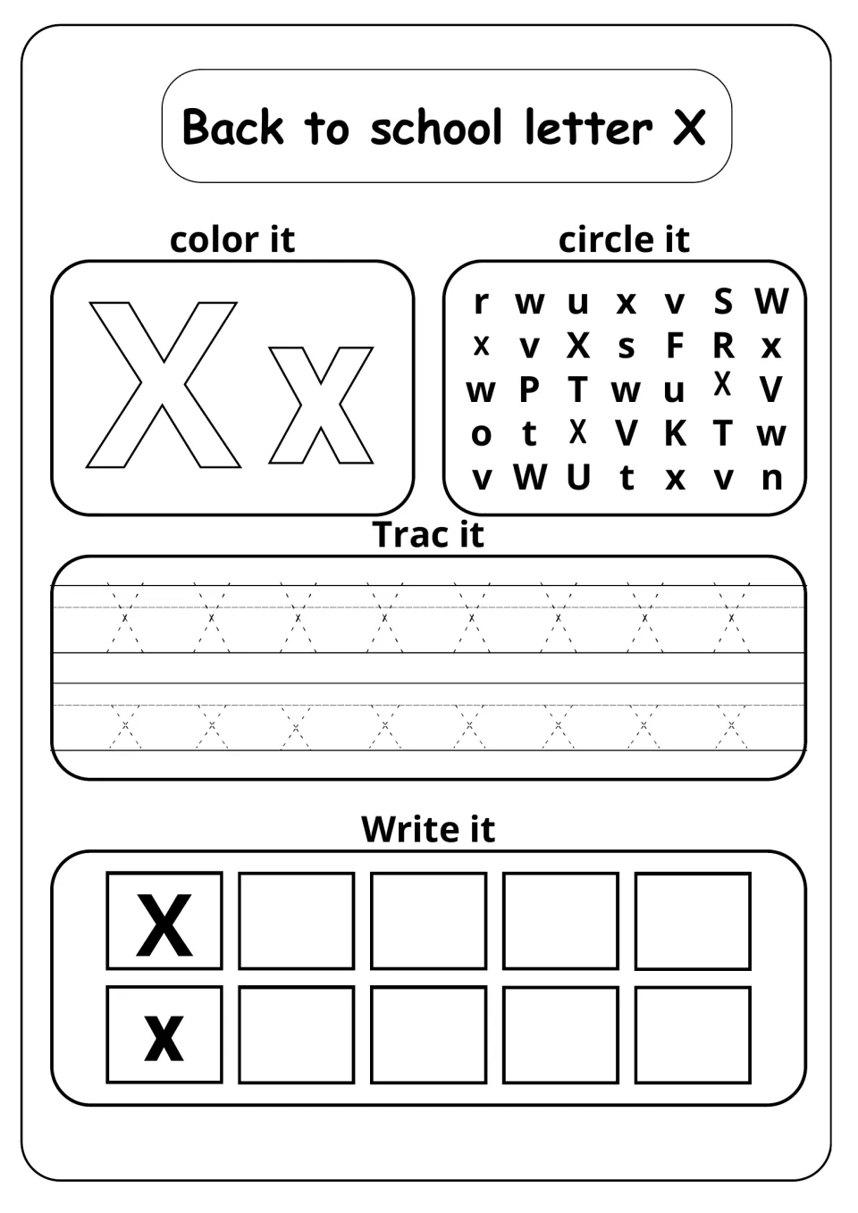 Back to school letter X: students color a large Xx, circle every X and x in a letter mix, then trace and write both cases